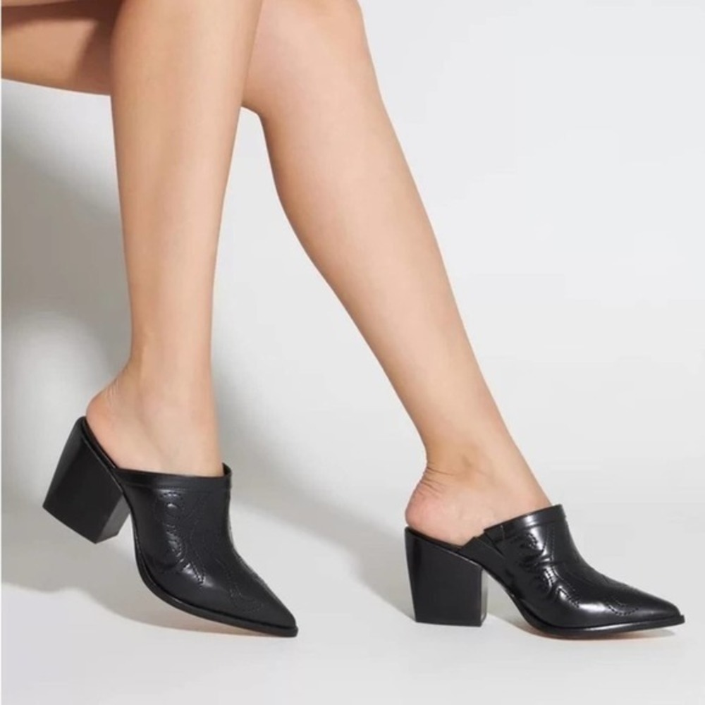 Schutz Zarly Pointed Toe Western Heeled Mule - Black Leather 8.5 NWOB